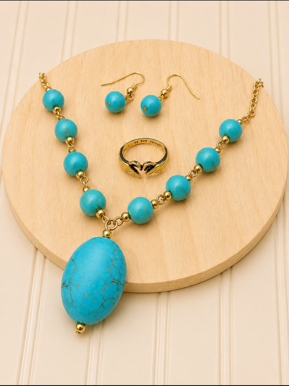 Gold-Tone Turquoise Bead Necklace & Earring Set